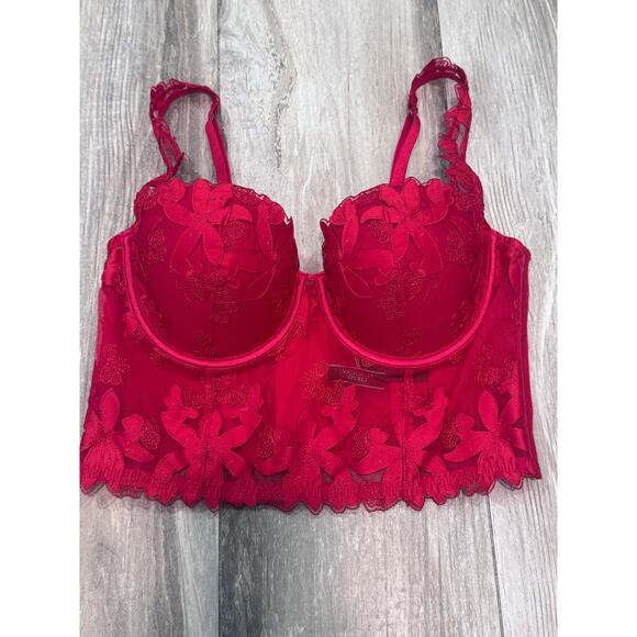 Victoria’s Secret Lace Longline Bustier Bra 36C Red Floral Embroidered Lingerie - Picture 2 of 7